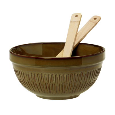 Cryspo Trio Σετ Σαλατιέρα Stoneware 23X13εκ με Κουτάλες Bamboo 'Cottage Dark' 3707090